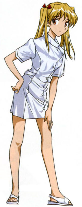 sawachika eri, school rumble, 00s, 1girl, blonde hair, female focus, long hair, nurse, orange eyes, sandals, simple background, solo, twintails, white background