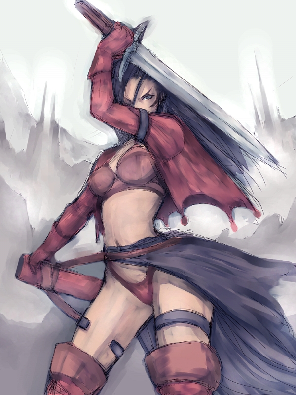 fumio (rsqkr), aira (dq7), dragon quest, dragon quest vii, 1girl, blue hair, female focus, gloves, holding, holding sword, holding weapon, long hair, panties, red panties, solo, sword, thigh strap, thighhighs, underwear, v-shaped eyebrows, weapon