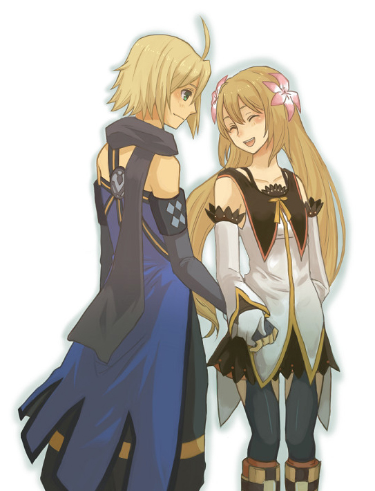 emil castagnier, marta lualdi, tales of (series), tales of symphonia, tales of symphonia: dawn of the new world, 00s, 1boy, 1girl, blonde hair, brown hair, couple, flower, gloves, green eyes, hetero, long hair, scarf, smile