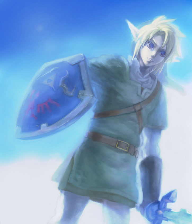 link, nintendo, the legend of zelda, 1boy, blonde hair, blue eyes, earrings, gloves, holding, holding sword, holding weapon, hylian shield, jewelry, male focus, master sword, outdoors, pointy ears, shield, sky, solo, sword, weapon