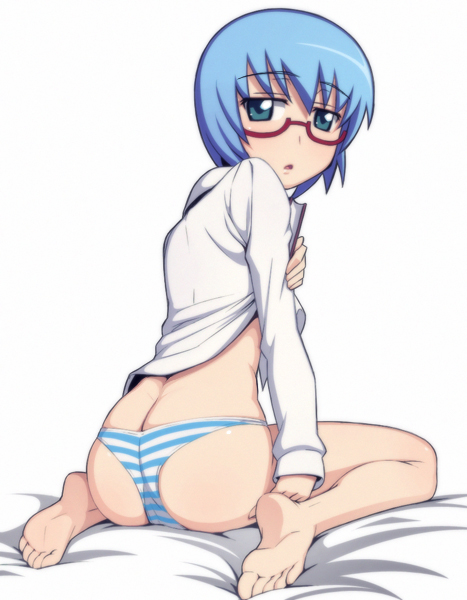 caryo, nanashino, tabitha (zero no tsukaima), zero no tsukaima, 00s, 1girl, ass, barefoot, blue eyes, blue hair, bottomless, butt crack, feet, female focus, glasses, looking back, no pants, panties, red-framed eyewear, short hair, sitting, soles, solo, striped clothes, striped panties, toes, underwear