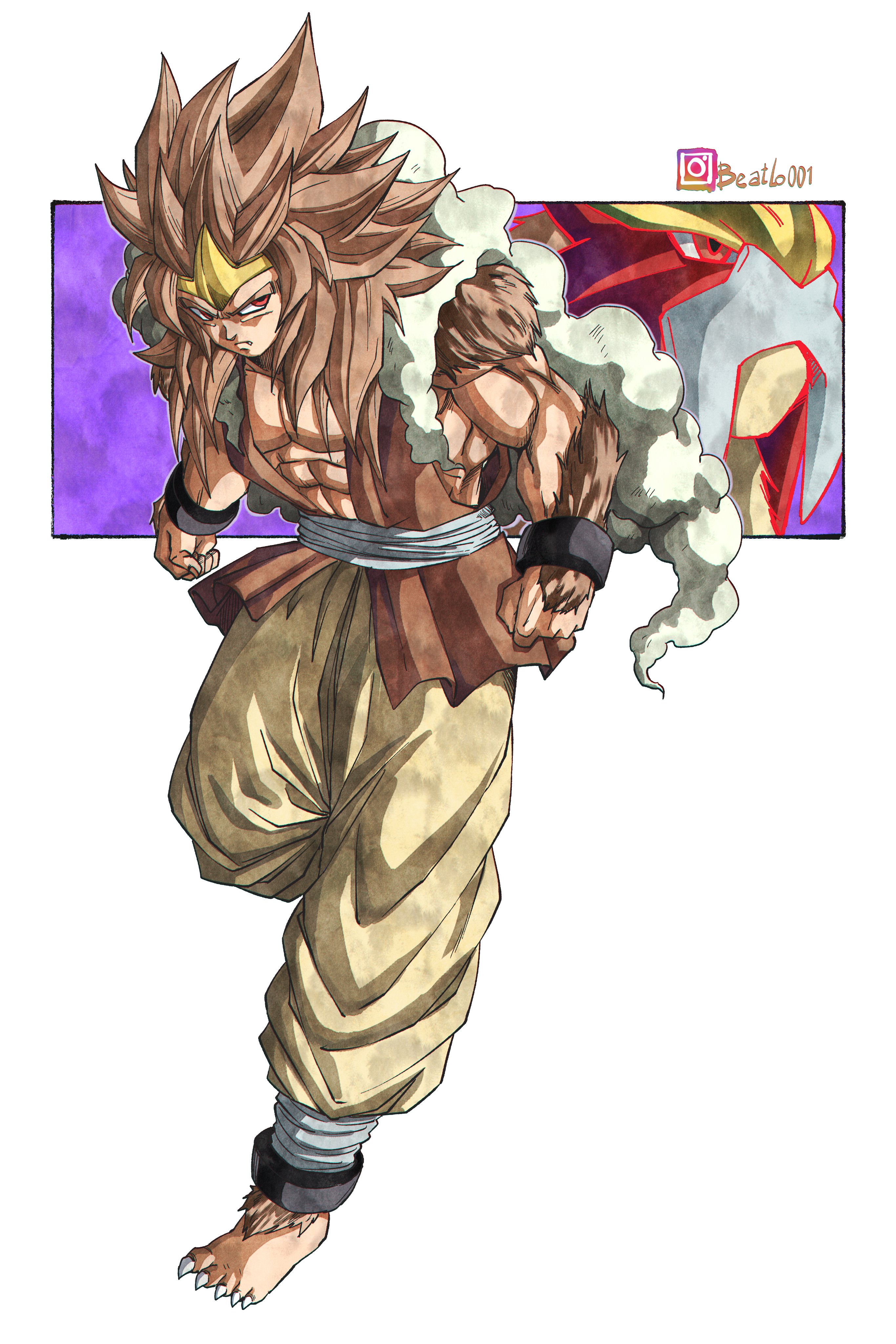 beatlo (rodrigo38658978), entei, dragon ball, dragonball z, nintendo, pokemon, absurdres, highres, abs, barefoot, brown fur, brown hair, brown vest, full body, gen 2 pokemon, legendary pokemon, long hair, muscular, muscular male, personification, pokemon (creature), red eyes, spiked hair, toriyama akira (style), vest