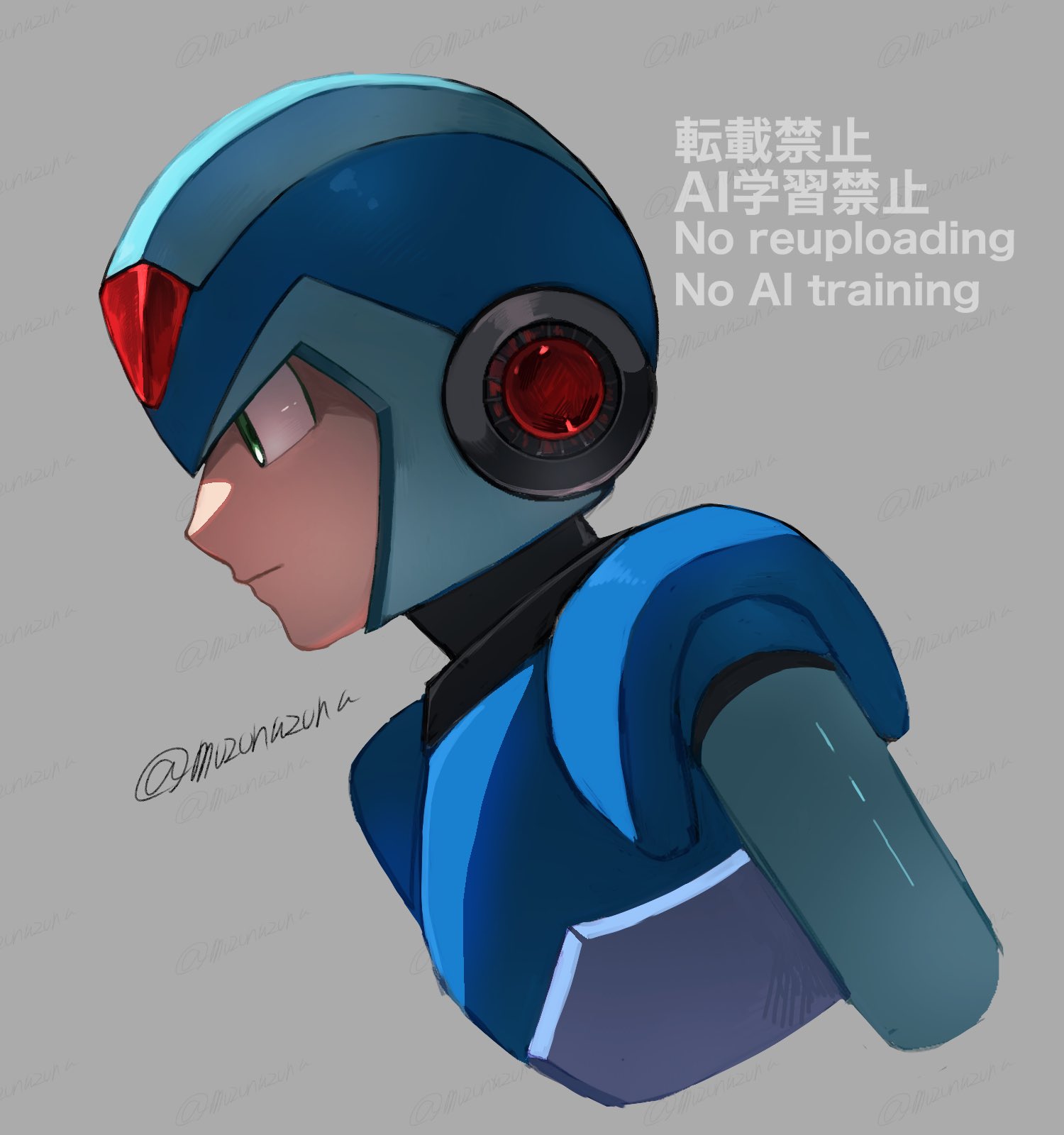 x (mega man), mega man (series), mega man x (series), highres, 1boy, armor, blue armor, blue helmet, forehead jewel, green eyes, grey background, helmet, male focus, mozonazona, profile, simple background, solo, upper body