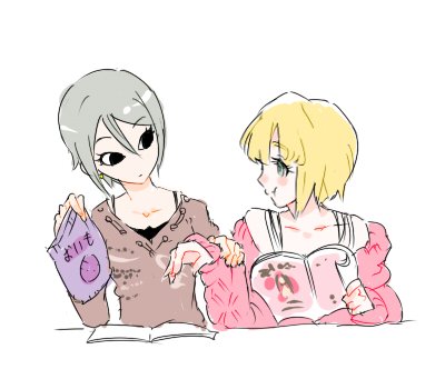 jibakurei (elite unchi), miyamoto frederica, shiomi syuko, idolmaster, idolmaster cinderella girls, bad id, bad twitter id, lowres, <o> <o>, 2girls, bag, black eyes, blonde hair, brown sweater, closed mouth, empty eyes, expressionless, full mouth, grey hair, holding, holding another's wrist, holding bag, holding magazine, keep-away, long sleeves, looking at another, magazine (object), multiple girls, off shoulder, pink sweater, short hair, simple background, snack, spaghetti strap, sweater, upper body, white background