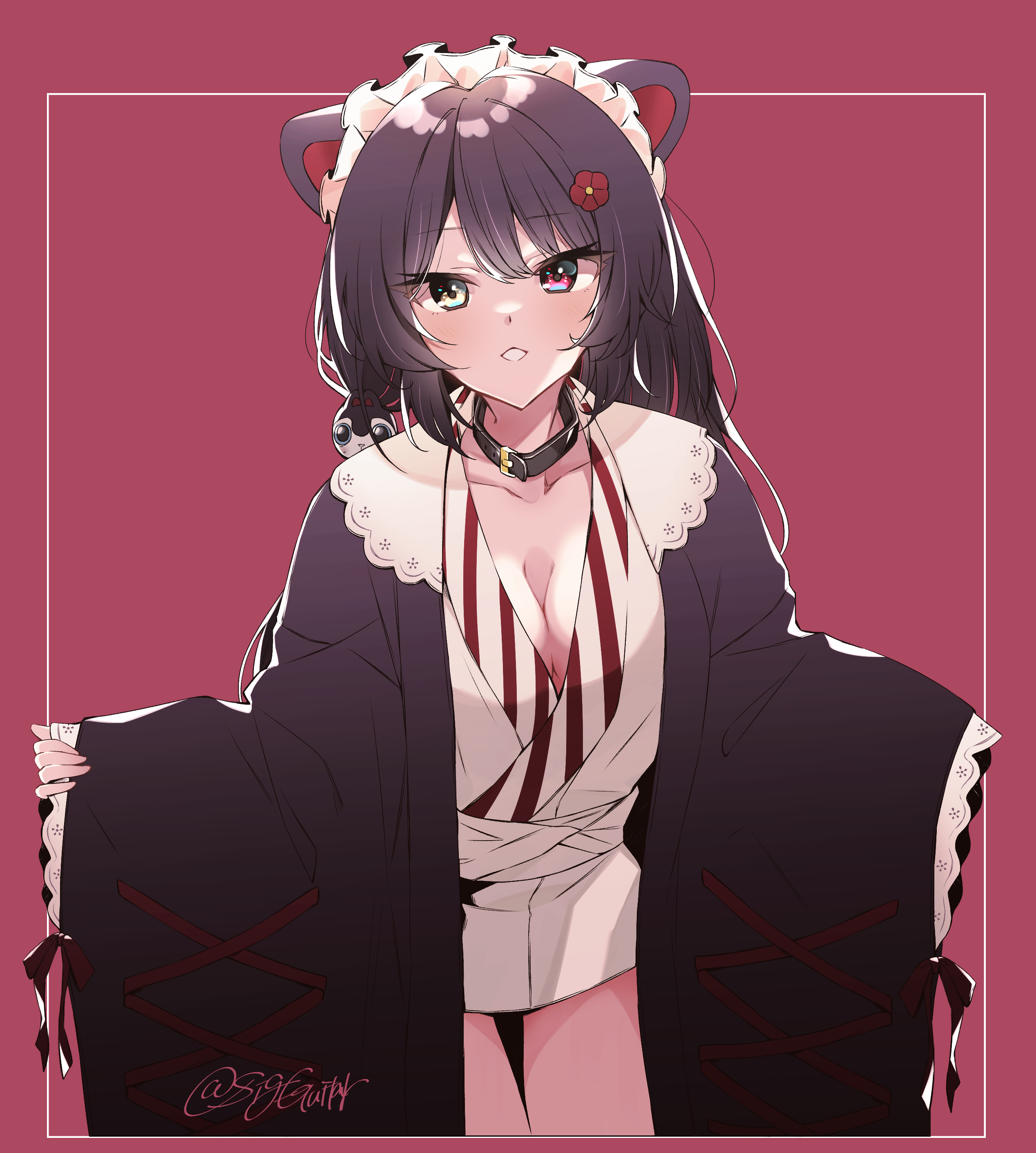 shigure (sigre), inui toko, inui toko (1st costume), nijisanji, absurdres, highres, 1girl, animal ears, black collar, blush, breasts, brown dress, brown hair, cleavage, closed mouth, collar, dog ears, dog girl, dress, flower hairpin, heterochromia, japanese clothes, long hair, looking at viewer, maid, medium breasts, red background, red eyes, sleeves past wrists, solo, virtual youtuber, wa maid, white headdress, yellow eyes