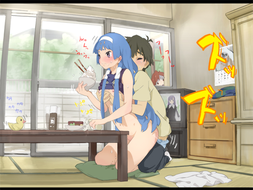neemui, aoba tsugumi, mikuriya jin, nagi, zange, kannagi, bad id, bad pixiv id, 00s, 1boy, 2girls, bent over, blue hair, blush, bottomless, breasts, casual, clothed sex, clothes lift, eating, grabbing another's breast, groping, hair tubes, hairband, hetero, kneeling, kodomo doushi, loli, long hair, multiple girls, multitasking, nipples, no panties, rubber duck, sex, shirt lift, shota, small breasts, vaginal, voyeurism