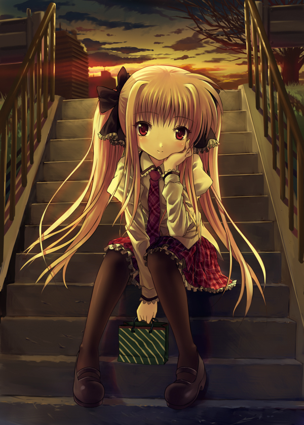 kitiroku, fate testarossa, lyrical nanoha, mahou shoujo lyrical nanoha, 00s, 1girl, blonde hair, female focus, head rest, long hair, necktie, outdoors, pantyhose, red eyes, school uniform, sitting, sitting on stairs, sky, smile, solo, stairs, twintails
