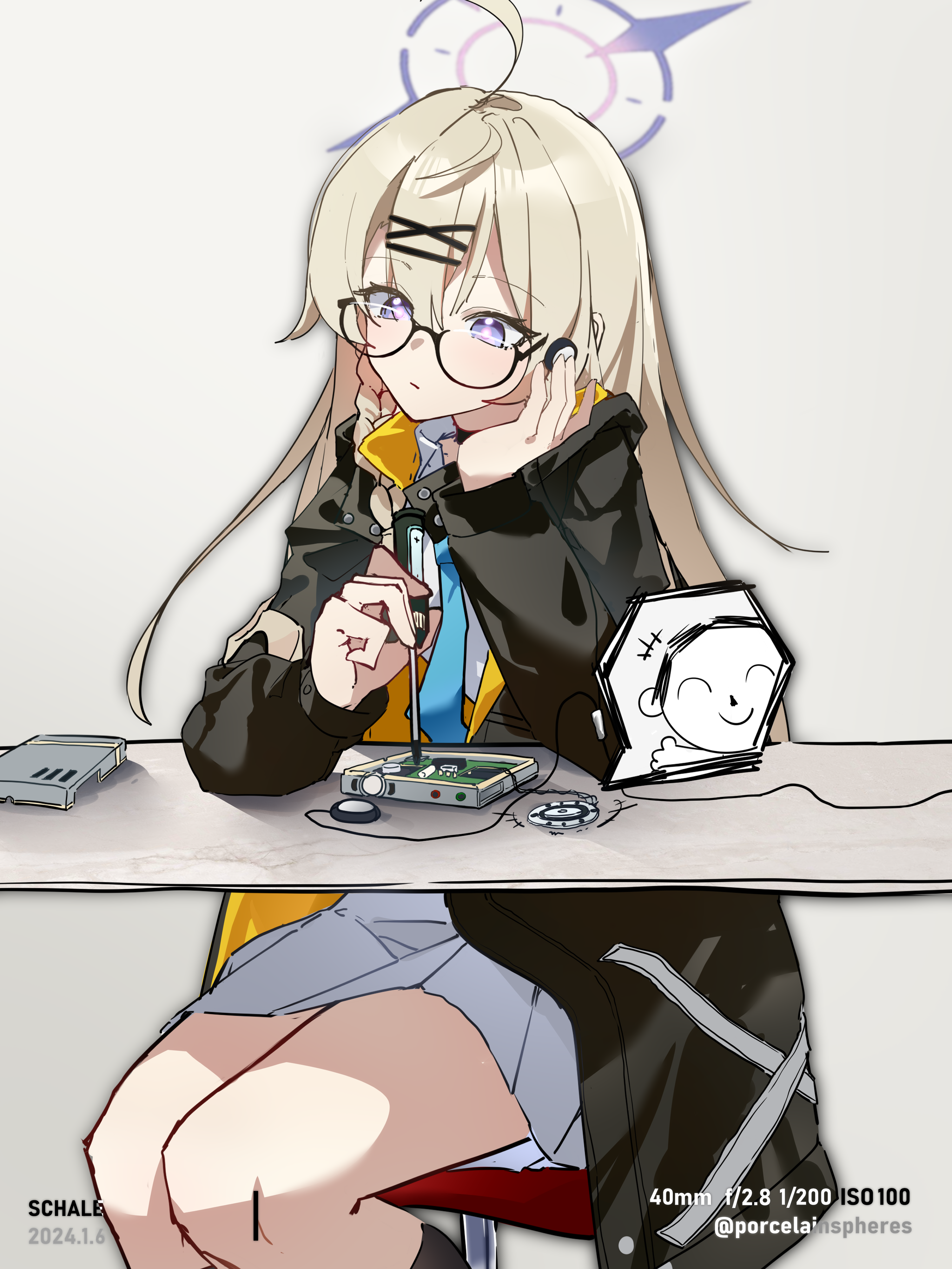 porcelainsphere, doodle sensei (blue archive), kotama (blue archive), sensei (blue archive), blue archive, absurdres, highres, 1boy, 1girl, :/, ahoge, artist name, black-framed eyewear, black coat, blonde hair, blue necktie, braid, closed mouth, coat, collared shirt, dated, feet out of frame, glasses, halo, hand up, holding, holding screwdriver, listening, long hair, long sleeves, miniskirt, necktie, open clothes, open coat, pleated skirt, purple eyes, purple halo, screwdriver, semi-rimless eyewear, shirt, side braid, sitting, skirt, thighs, two-sided coat, two-sided fabric, under-rim eyewear, white shirt, white skirt