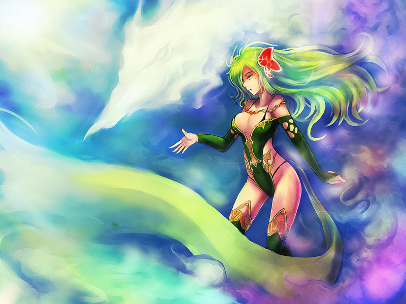 kara (color), mist dragon, rydia (adult) (ff4), rydia (ff4), final fantasy, final fantasy iv, final fantasy iv: the after years, 1990s (style), 1girl, aged up, bridal gauntlets, detached sleeves, dragon, green eyes, green hair, leotard, long hair, retro artstyle, revealing clothes, thighhighs