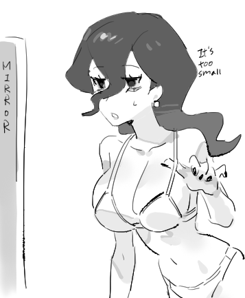 raine (acke2445), hex maniac (pokemon), hex maniac (pokemon legends: z-a), nintendo, pokemon, lowres, 1girl, adjusting bra, adjusting clothes, arm support, bags under eyes, black hair, black nails, bra, breasts, cleavage, collarbone, earrings, english text, fingernails, greyscale, hair between eyes, jewelry, leaning forward, long hair, looking at mirror, medium breasts, mirror, monochrome, navel, open mouth, panties, pearl earrings, sideboob, simple background, sketch, solo, sweat, underwear, wavy hair, white background