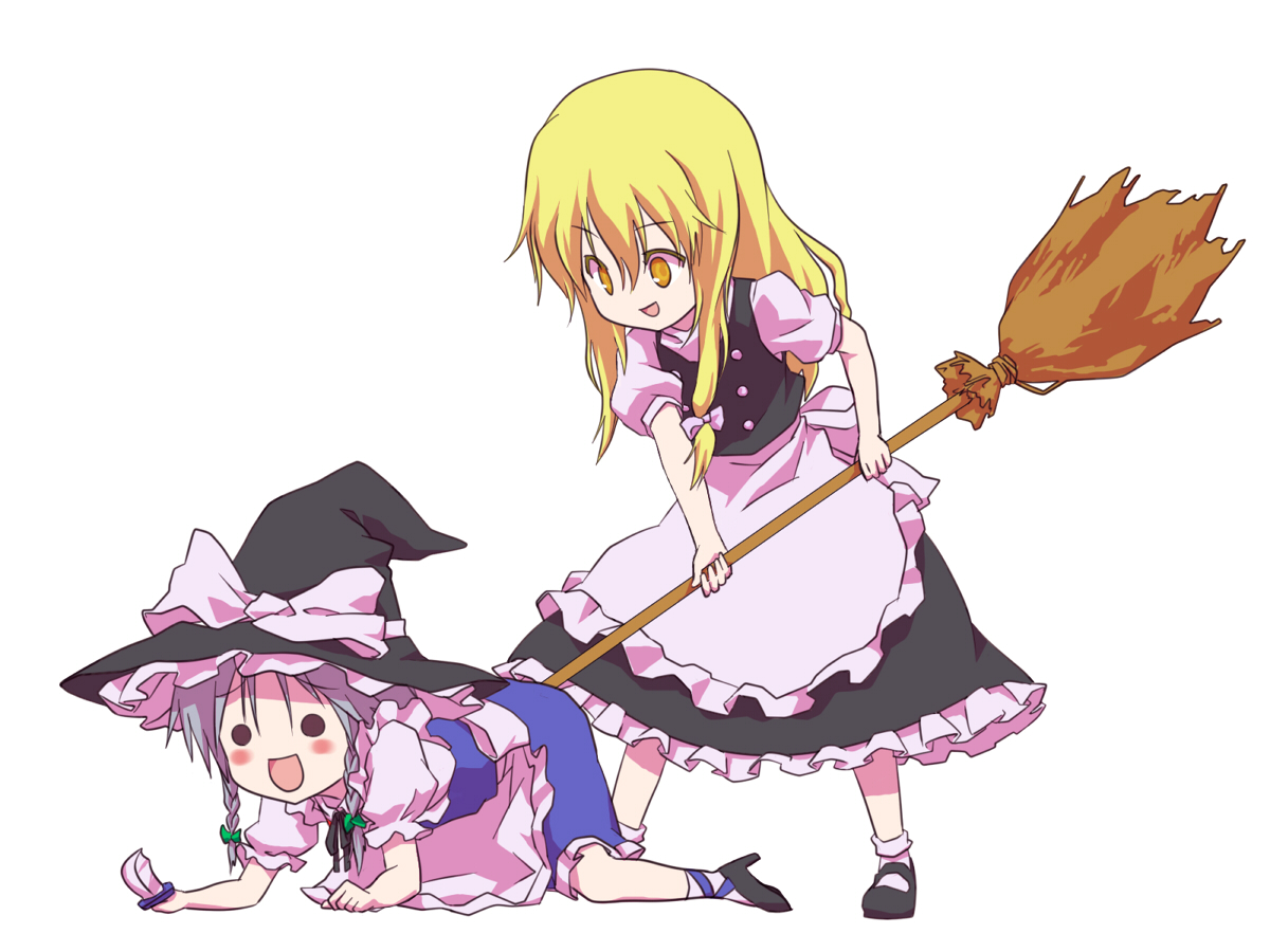 sawayaka samehada, izayoi sakuya, kirisame marisa, touhou, silver hair, bad id, bad pixiv id, 2girls, blonde hair, blush, broom, female focus, hat, holding, knife, long hair, maid, multiple girls, ribbon, short hair, simple background, throwing knife, weapon, white background, witch, witch hat, yellow eyes