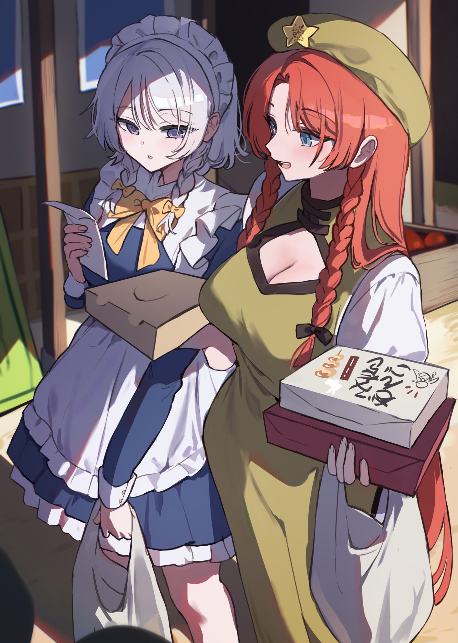 sarukana, hong meiling, izayoi sakuya, ringo (touhou), touhou, commentary request, highres, 2girls, :d, apron, bag, beret, black bow, blue dress, blue eyes, bow, bowtie, box, braid, breasts, china dress, chinese clothes, cleavage, day, dress, green dress, green hat, grey hair, hair bow, hat, hat ornament, holding, holding bag, holding box, holding paper, large breasts, long hair, long sleeves, maid headdress, medium hair, multiple girls, open mouth, outdoors, pants, paper, parted bangs, plastic bag, red hair, shirt, side braids, smile, star (symbol), star hat ornament, very long hair, waist apron, white apron, white pants, white shirt, yellow bow, yellow bowtie