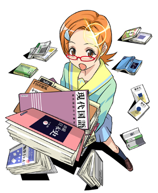 wankoro mochi, uehara miyako, pani poni dash!, bad id, bad pixiv id, lowres, 00s, book, glasses, orange eyes, orange hair, school uniform, short hair, solo