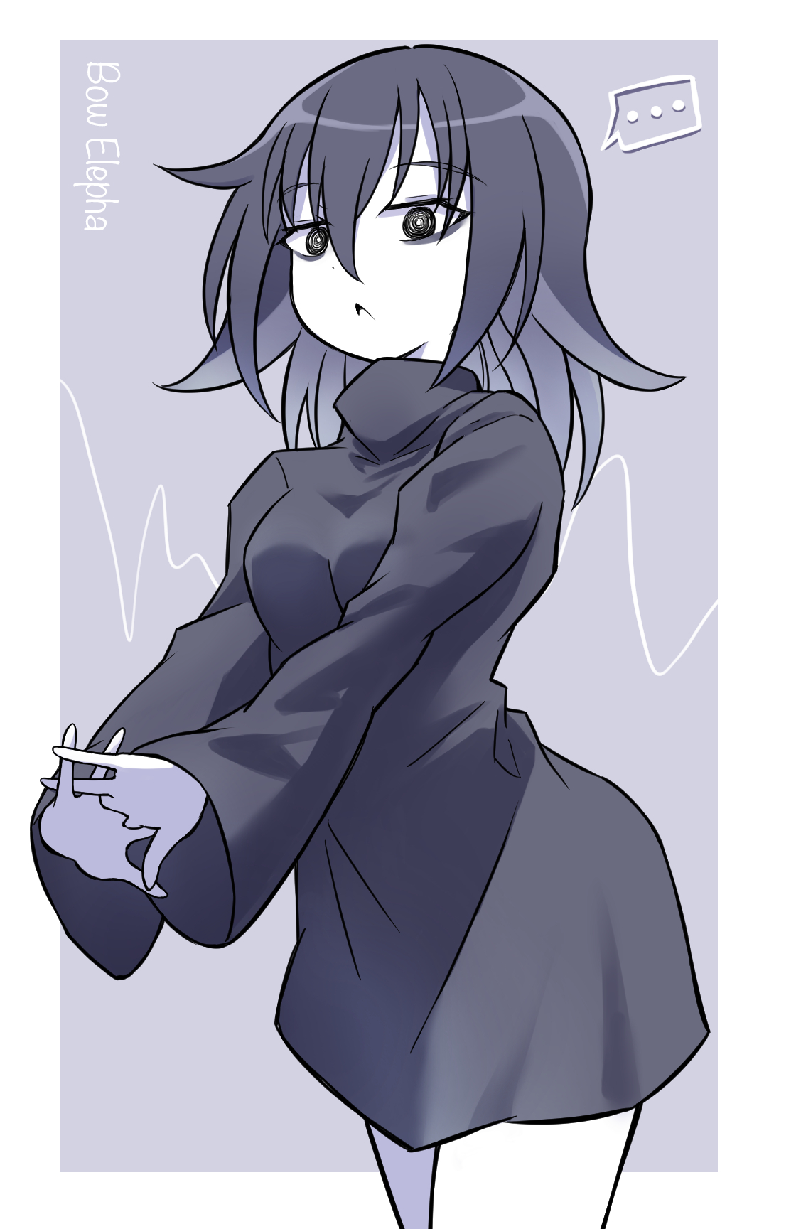 kotoma (kotoma hack), original, commentary request, highres, partial commentary, …, 1girl, :<, @ @, androgynous, bags under eyes, black dress, black hair, border, borrowed character, bow elepha, breasts, cardiogram, colored skin, cowboy shot, dress, grey background, interlocked fingers, long sleeves, looking at viewer, medium breasts, medium hair, sleeves past wrists, solo, spoken ellipsis, turtleneck, turtleneck dress, v arms, white border, white skin
