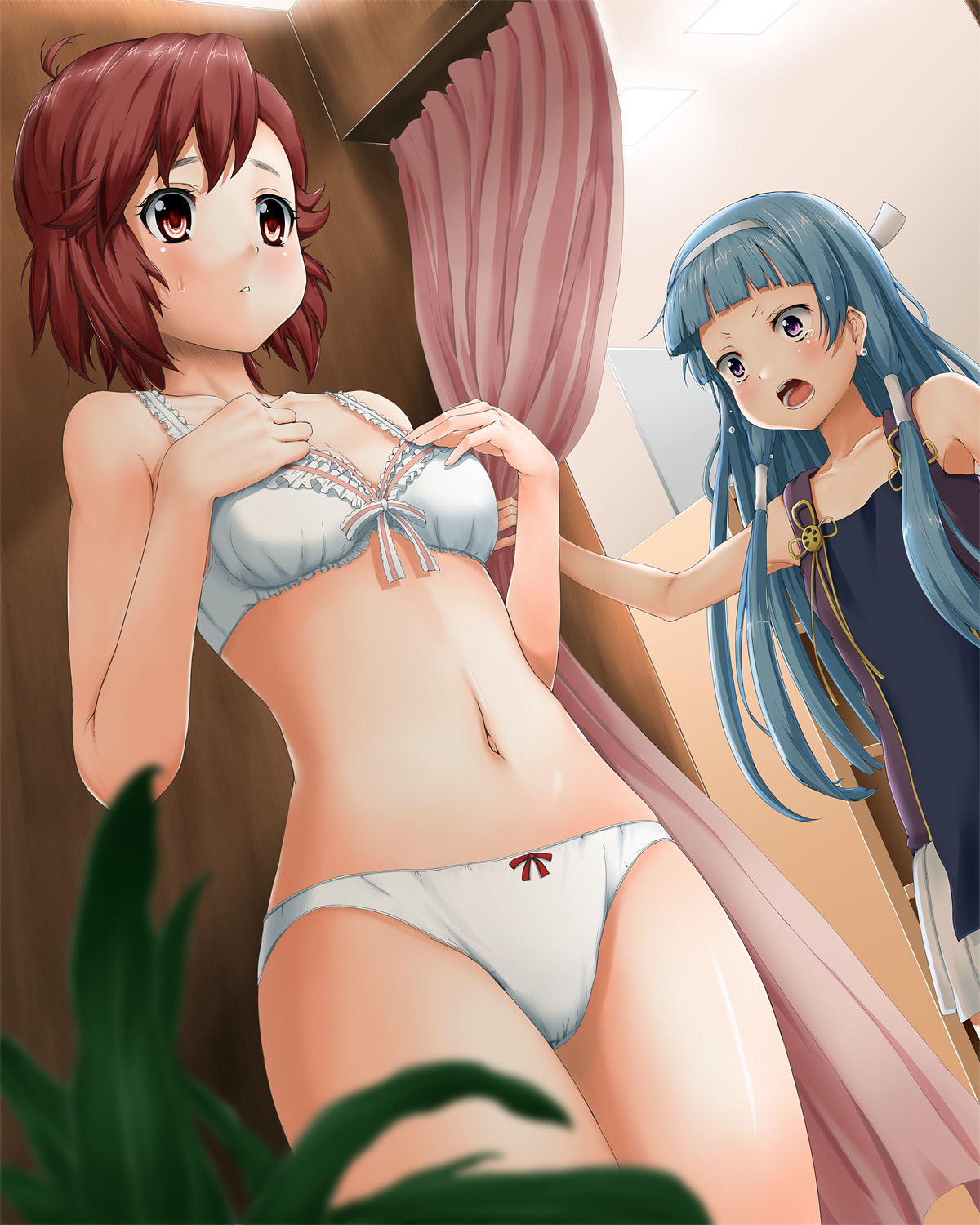 fujioka toki, aoba tsugumi, nagi, kannagi, highres, 00s, 2girls, blue eyes, blue hair, blunt bangs, bra, hairband, lingerie, long hair, midriff, multiple girls, panties, purple eyes, red eyes, red hair, short hair, underwear, underwear only