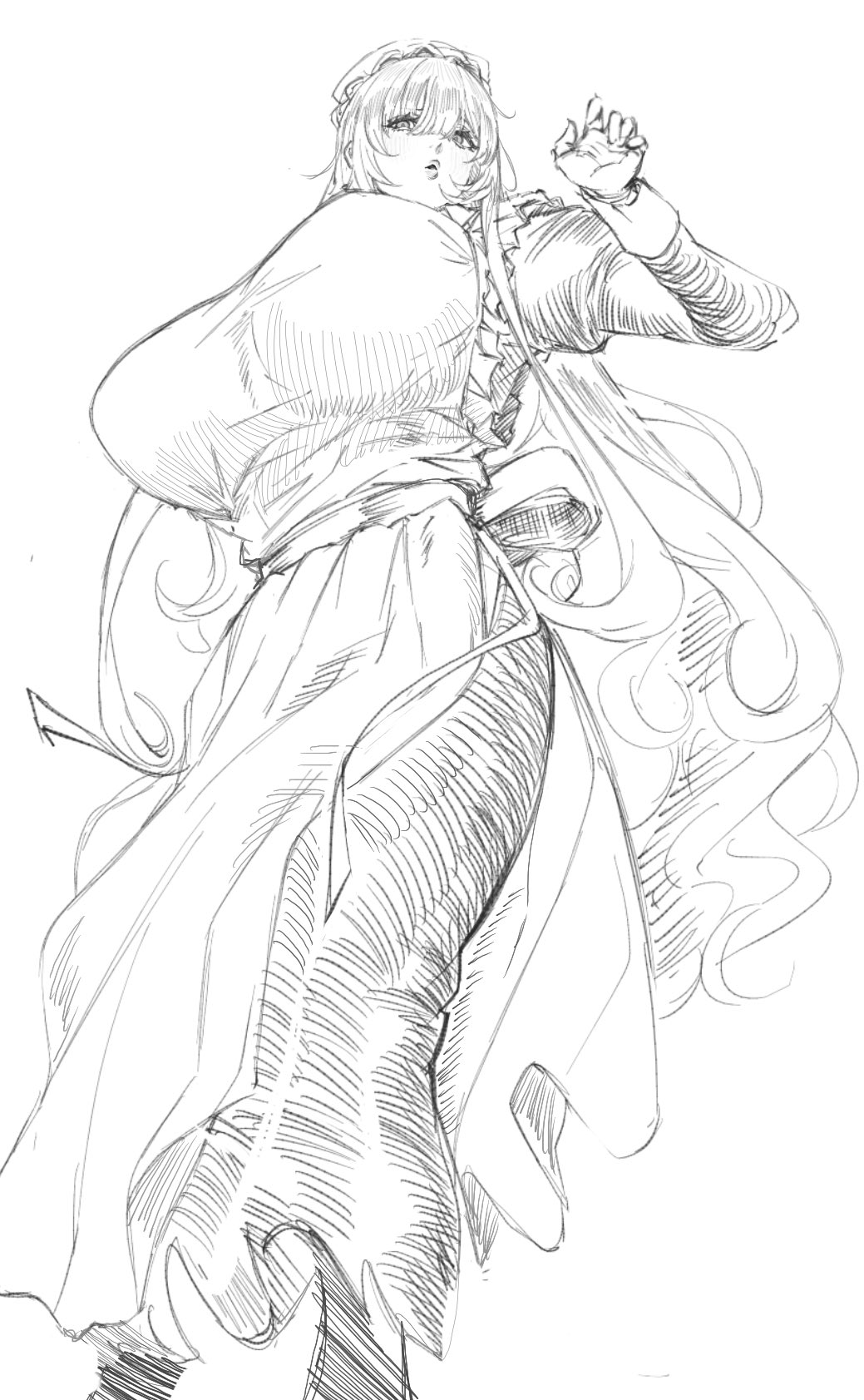 indinu, francoise (eurasia), original, highres, 1girl, apron, borrowed character, breasts, dress, feet out of frame, frilled apron, frills, from below, greyscale, hand up, hat, huge breasts, juliet sleeves, long dress, long hair, long sleeves, maid, maid apron, mob cap, monochrome, parted lips, puffy sleeves, simple background, solo, standing, very long hair, wavy hair, white background