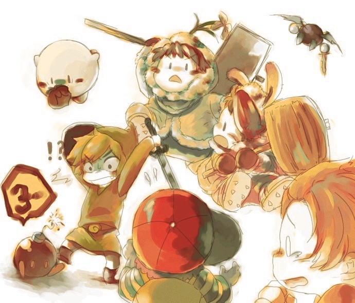 bob-omb, ice climbers, kirby, link, lucas (mother 3), meta knight, nana (ice climber), ness (mother 2), popo (ice climber), toon link, ice climber, kirby (series), mario (series), mother (series), mother 2, mother 3, nintendo, super smash bros., the legend of zelda, 00s, 1girl, 4boys, bag, blonde hair, brown hair, child, crossover, flower, galaxia (sword), gloves, hammer, hat, holding, holding sword, holding weapon, multiple boys, sword, tears, weapon, wings