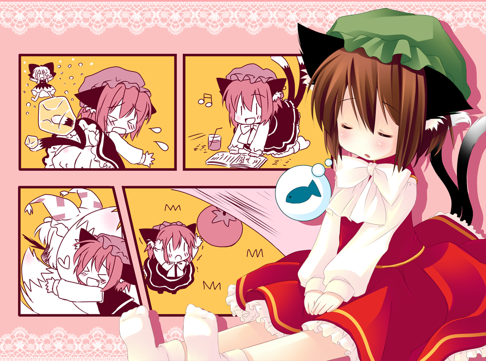 natsume eri, chen, cirno, yakumo ran, touhou, > <, > <, 3girls, :d, animal ears, arms up, blood, book, cat ears, cat girl, cat tail, chibi, closed eyes, dreaming, female focus, fish, food, frozen, fruit, hat, heart, hug, hug from behind, ice, multiple girls, multiple tails, musical note, nosebleed, open mouth, reaching, sleeping, smile, socks, tail, xd, | |