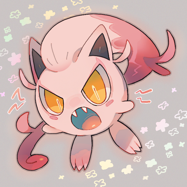 akadako, scream tail, nintendo, pokemon, angry, animal focus, bags under eyes, blush stickers, fangs, full body, grey background, grey outline, long hair, multicolored hair, no humans, open mouth, orange eyes, outline, pink hair, pokemon (creature), shouting, slit pupils, solo, two-tone hair, very long hair