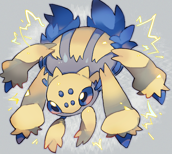 akadako, galvantula, nintendo, pokemon, animal focus, black eyes, blue sclera, bug, colored sclera, electricity, full body, gen 5 pokemon, grey background, grey outline, no humans, outline, pokemon (creature), solo