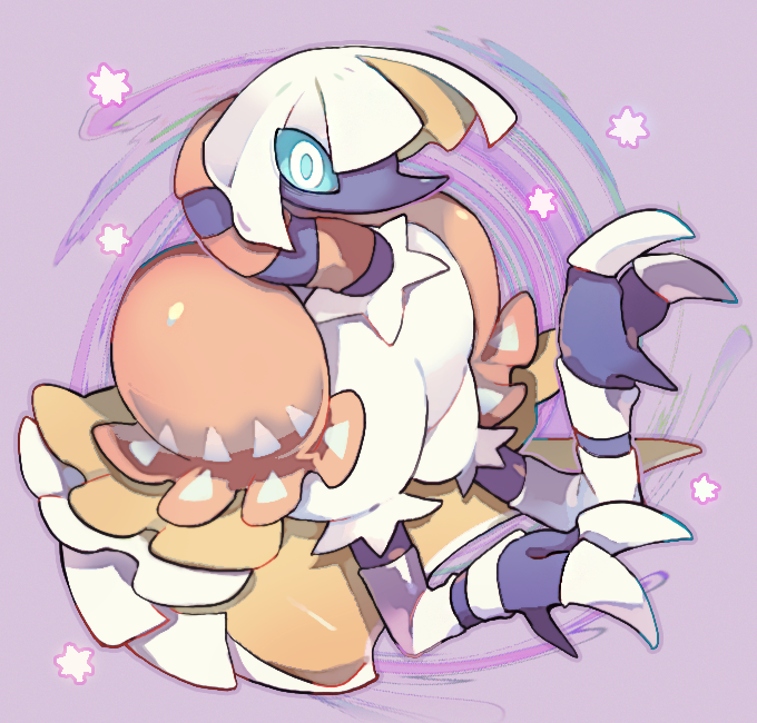 akadako, espathra, nintendo, pokemon, animal focus, bags under eyes, blonde hair, blue pupils, blue sclera, bob cut, claws, colored sclera, full body, looking at viewer, multicolored hair, no humans, outline, pokemon (creature), purple background, purple outline, short hair, sidelocks, solo, spiral background, two-tone hair, white eyes, white hair, wide-eyed