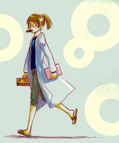 katou (gruanlage), katou (pixiv218194), billy katagiri, gundam, gundam 00, bad id, bad pixiv id, 00s, brown hair, glasses, lab coat, male focus, mouth hold, ponytail, sandals, solo, walking