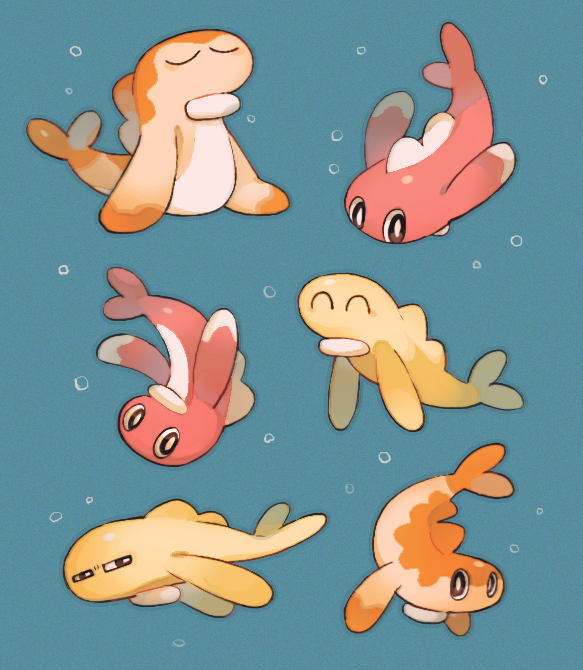 akadako, tatsugiri, tatsugiri (curly), tatsugiri (droopy), tatsugiri (stretchy), nintendo, pokemon, ^ ^, animal focus, black eyes, blue background, blue outline, bright pupils, bubble, closed eyes, full body, half-closed eyes, happy, looking to the side, narrowed eyes, no humans, outline, pokemon (creature), sideways glance, simple background, u u, white pupils