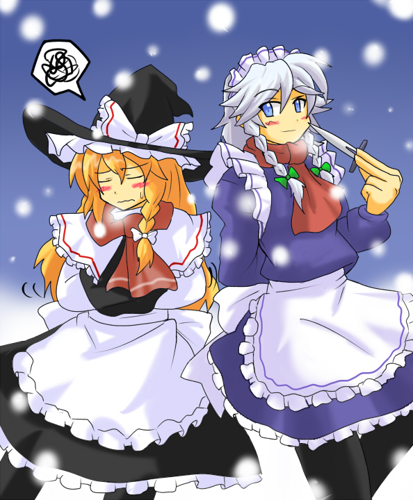 harukatron, izayoi sakuya, kirisame marisa, touhou, silver hair, 2girls, blonde hair, blue eyes, blush, female focus, hairband, hat, knife, long hair, maid, multiple girls, pantyhose, ribbon, short hair, throwing knife, weapon, winter, witch
