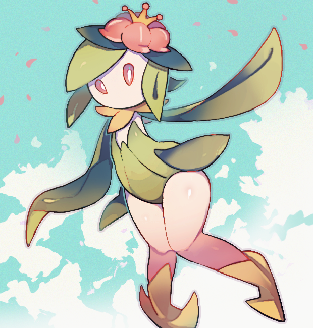 akadako, hisuian lilligant, nintendo, pokemon, 1girl, bags under eyes, blue background, cloud, colored sclera, colored skin, crown, female focus, flat chest, flower, full body, green hair, green leotard, grey outline, hair flower, hair ornament, legs, leotard, looking at viewer, mini crown, monster girl, multicolored skin, no mouth, outline, petals, pink skin, plant girl, pokemon (creature), red flower, red sclera, shoes, short hair, sidelocks, solo, standing, thighs, two-tone skin, white eyes, white skin, yellow crown, yellow shoes