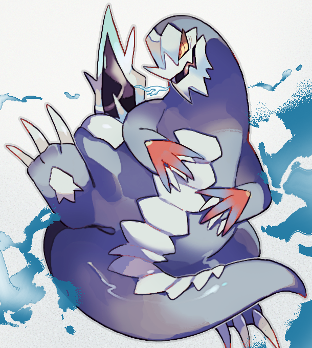 akadako, baxcalibur, nintendo, pokemon, animal focus, bags under eyes, breath weapon, claws, colored sclera, fangs, full body, grey outline, leg up, looking afar, no humans, open mouth, outline, pokemon (creature), skin fangs, solo, standing, standing on one leg, yellow eyes, yellow sclera