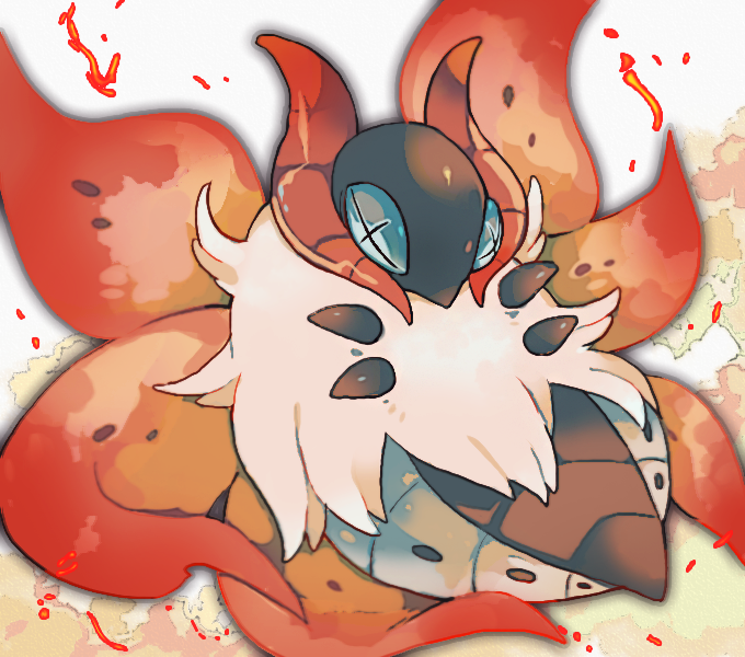 akadako, volcarona, nintendo, pokemon, + +, animal focus, blue eyes, bug, fire, full body, gen 5 pokemon, grey outline, no humans, outline, pokemon (creature), solo