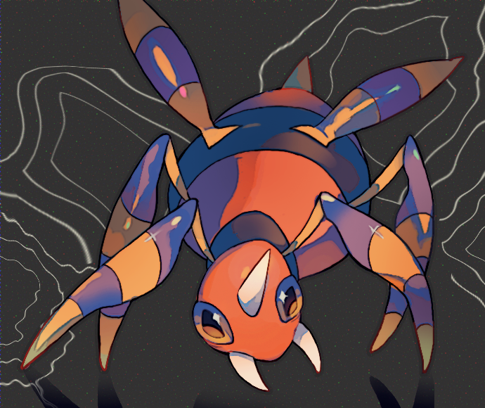 akadako, ariados, nintendo, pokemon, animal focus, bags under eyes, black eyes, blue sclera, bug, colored sclera, fangs, gen 2 pokemon, grey background, grey outline, multicolored sclera, no humans, outline, pokemon (creature), solo, yellow sclera