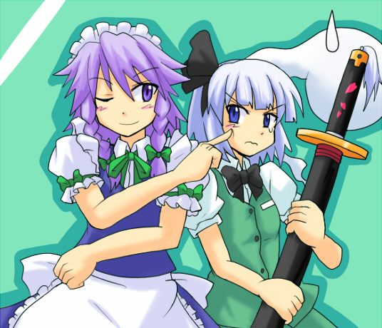 harukatron, izayoi sakuya, konpaku youmu, konpaku youmu (ghost), touhou, silver hair, 2girls, blue eyes, blush, female focus, hairband, katana, maid, multiple girls, ribbon, sheath, sheathed, short hair, sword, weapon