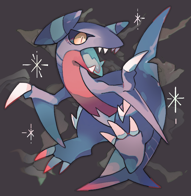 akadako, garchomp, nintendo, pokemon, animal focus, bags under eyes, black sclera, claws, colored sclera, full body, gen 4 pokemon, grey background, grey outline, looking afar, no humans, open mouth, outline, pokemon (creature), sharp teeth, slit pupils, solo, sparkle, teeth, yellow eyes