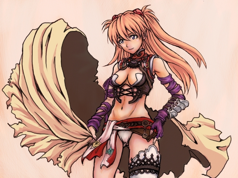 sygyousya, souryuu asuka langley, neon genesis evangelion, bad id, bad pixiv id, 1girl, asymmetrical clothes, blue eyes, blue hair, breasts, cape, female focus, gloves, long hair, matching hair/eyes, midriff, panties, red hair, single thighhigh, solo, thighhighs, underwear