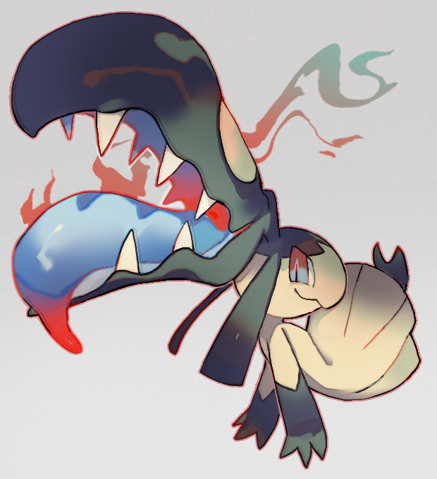 akadako, mawile, nintendo, pokemon, 1other, arm support, bags under eyes, big hair, black hair, closed mouth, extra mouth, from side, full body, gen 3 pokemon, grey background, happy, leg up, long hair, orange outline, other focus, outline, pokemon (creature), profile, red eyes, sharp teeth, sidelocks, sitting, smile, solo, teeth, tongue