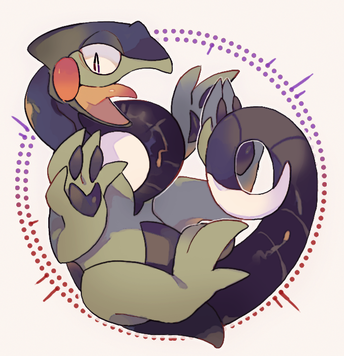akadako, cyclizar, nintendo, pokemon, animal focus, bags under eyes, black eyes, bright pupils, full body, no humans, open mouth, pawpads, pokemon (creature), round image, solo, tongue, white pupils