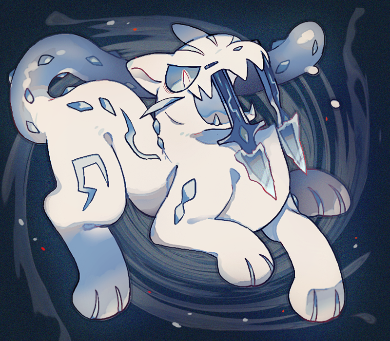 akadako, chien-pao, nintendo, pokemon, animal focus, bags under eyes, blue background, blue sclera, colored sclera, full body, grey outline, ice, looking afar, no humans, open mouth, outline, pokemon (creature), sharp teeth, solo, spiral background, teeth, white eyes