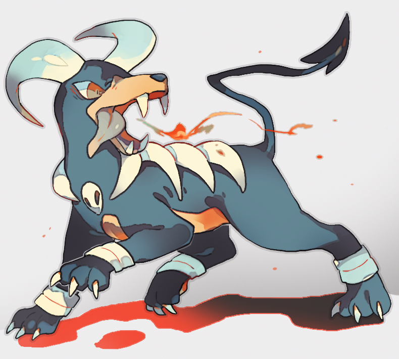 akadako, houndoom, nintendo, pokemon, animal focus, bags under eyes, breath weapon, breathing fire, claws, fangs, fire, from side, full body, gen 2 pokemon, grey background, grey outline, looking back, no humans, open mouth, outline, pokemon (creature), red eyes, solo, standing, tongue, tongue out