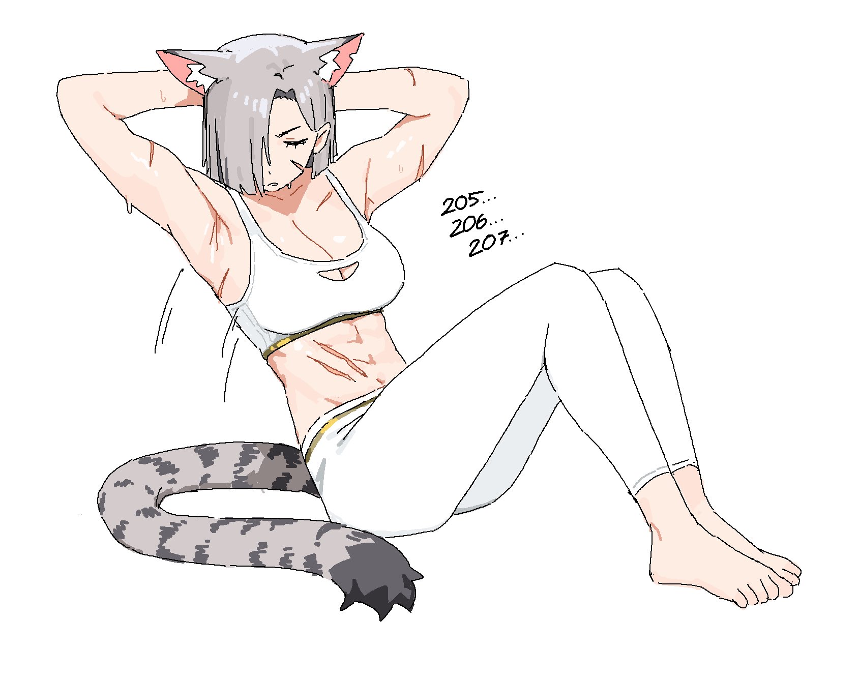 vertigris, go! go! gris!, highres, 1girl, abs, animal ears, armpits, breasts, capri pants, cat ears, cat girl, cat tail, crunches, exercising, grey hair, hair over one eye, medium breasts, medium hair, pants, scar, shirt, simple background, sit-up, sports bra, tail, white shirt