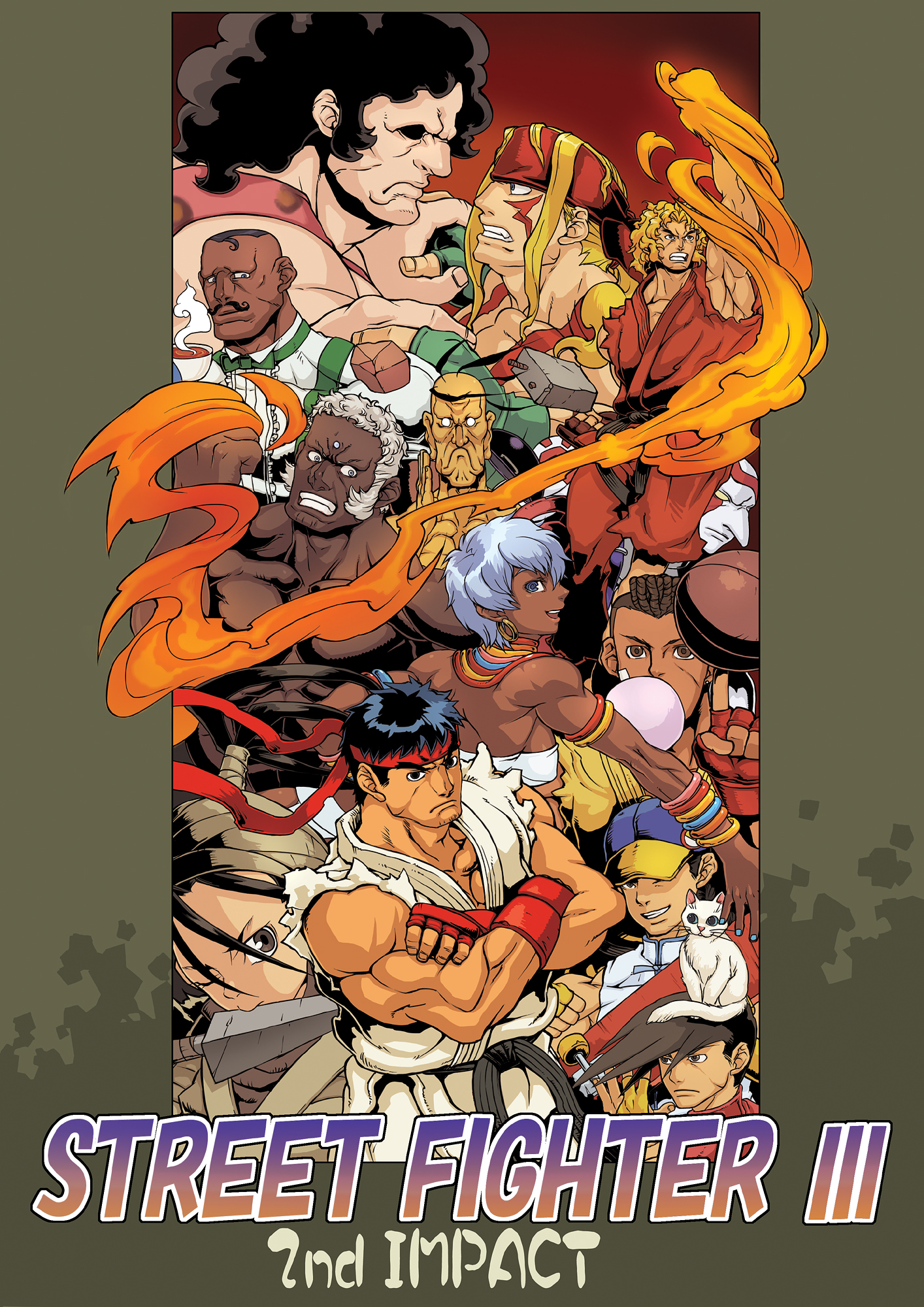torashiro eiji, alex (street fighter), dudley, elena (street fighter), hugo andore, ibuki (street fighter), ken masters, necro (street fighter), oro (street fighter), q (street fighter), ryu (street fighter), sean matsuda, urien, yang lee, yun lee, capcom, street fighter, street fighter iii (series), uniform, highres, 2girls, 6+boys, bald, black hair, copyright name, crossed arms, dark skin, everyone, fingerless gloves, fire, gloves, headband, looking at viewer, multiple boys, multiple girls, muscular, ninja, red gloves, upper body