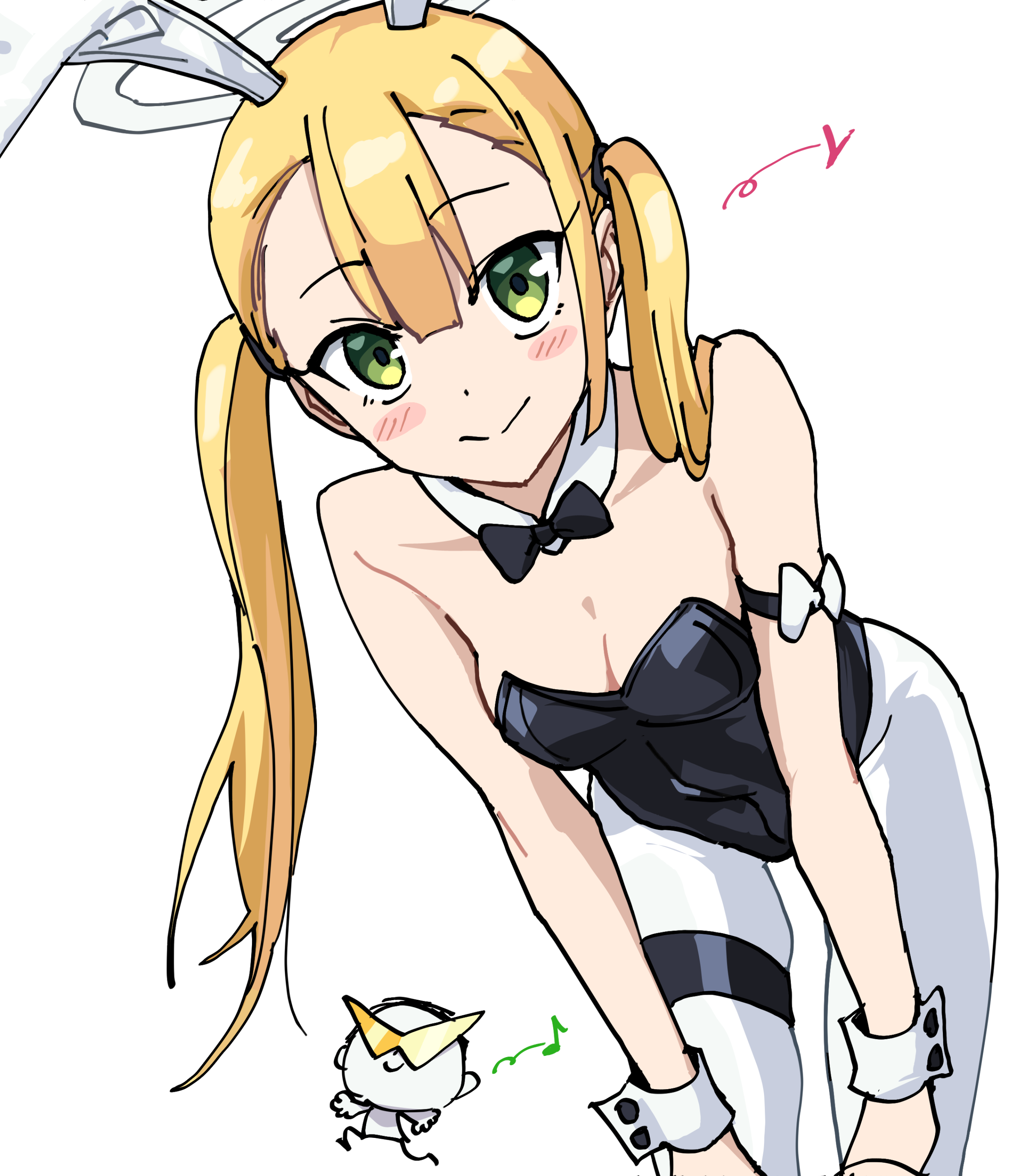 momomatang, bunny girl guard (sr) (blue archive), doodle sensei (blue archive), sensei (blue archive), blue archive, absurdres, commentary request, highres, 1boy, 1girl, animal ears, arm bow, arm strap, bare shoulders, bespectacled, black bow, black bowtie, black leotard, blonde hair, blunt bangs, blush stickers, bow, bowtie, breasts, center-flap bangs, cleavage, closed mouth, cowboy shot, detached collar, glasses, green eyes, hair over shoulder, halo, hands on own knees, heart, highleg, highleg leotard, leaning forward, leotard, long hair, looking at viewer, musical note, no eyewear, pantyhose, playboy bunny, rabbit ears, small breasts, smile, solo focus, split mouth, strapless, strapless leotard, sunglasses, thigh strap, tinted eyewear, twintails, white bow, white halo, white pantyhose, white wrist cuffs, wrist cuffs, yellow-tinted eyewear