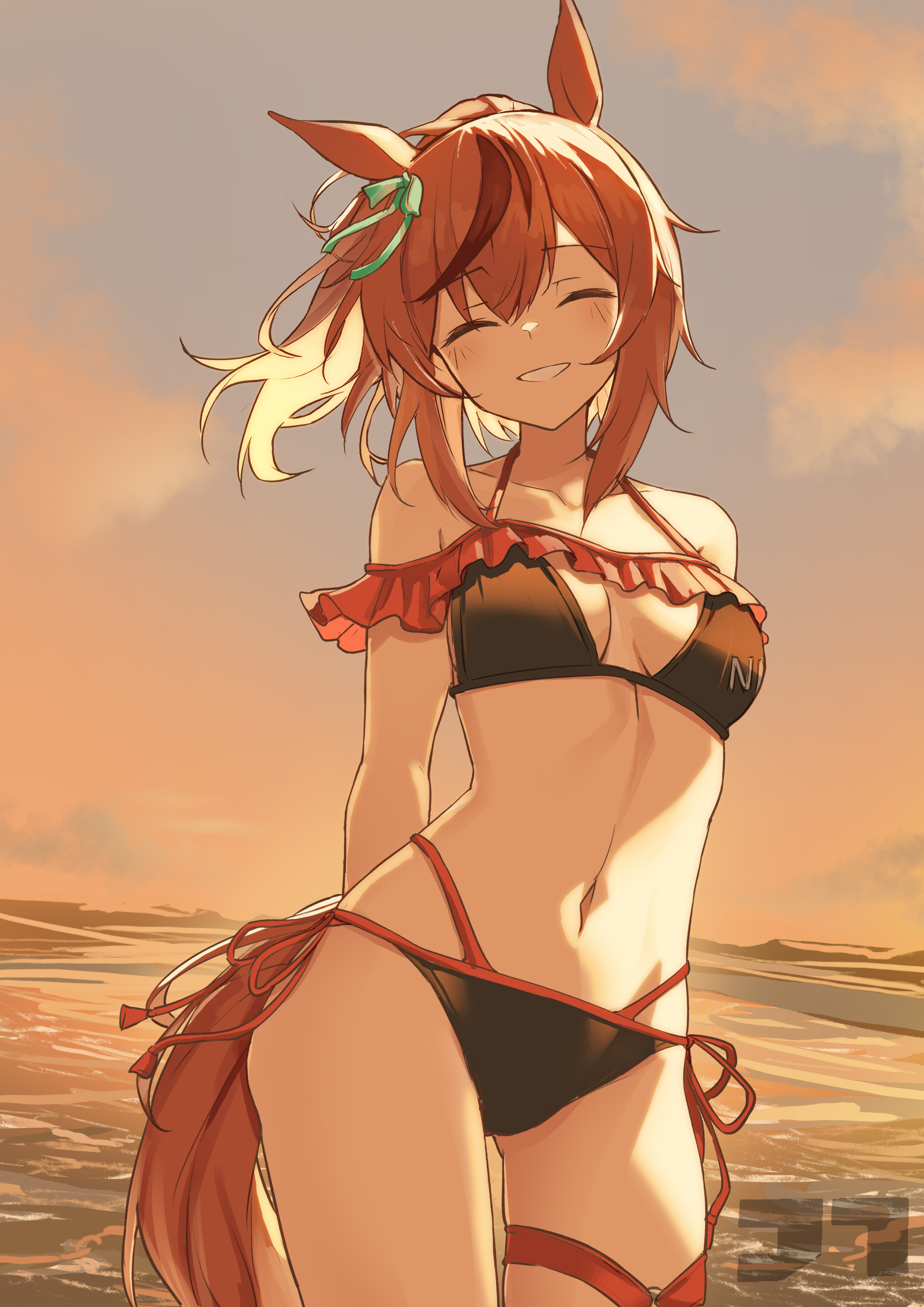 jtleeklm, nice nature (umamusume), umamusume, absurdres, commentary, highres, 1girl, ^ ^, alternate costume, animal ears, arms behind back, bikini, black bikini, bow, breasts, brown hair, closed eyes, cloud, collarbone, cowboy shot, ear bow, facing viewer, green bow, grin, horse ears, horse girl, horse tail, linea alba, looking at viewer, medium hair, multi-strapped bikini bottom, multicolored hair, navel, ocean, orange sky, outdoors, ponytail, sidelocks, sky, small breasts, smile, solo, streaked hair, swimsuit, tail, twilight