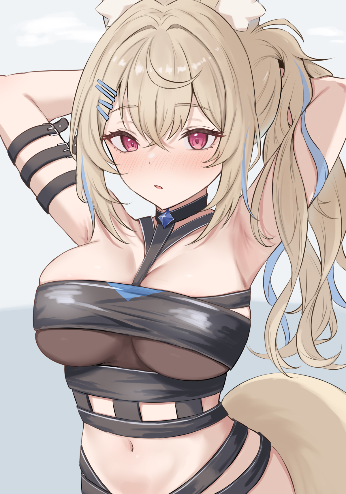 hanefuro, fuwawa abyssgard, fuwawa abyssgard (holonatsu paradise), hololive, hololive english, commentary, highres, 1girl, animal ears, arm belt, armpits, arms behind head, arms up, bikini, black bikini, blonde hair, blue hair, blush, breasts, crossed bangs, dog ears, dog girl, dog tail, double-parted bangs, grey background, hair between eyes, hair ornament, hairclip, hand in own hair, large breasts, long hair, looking at viewer, multicolored hair, navel, official alternate costume, official alternate hairstyle, open mouth, pink eyes, presenting armpit, side ponytail, simple background, solo, streaked hair, swimsuit, tail, upper body, virtual youtuber