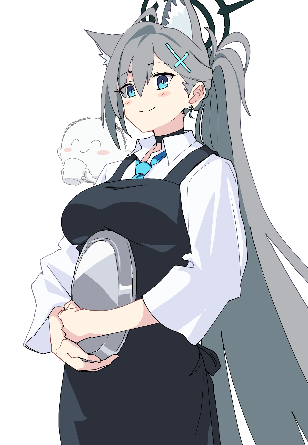 momomatang, doodle sensei (blue archive), sensei (blue archive), shiroko terror (blue archive), blue archive, commentary request, highres, 1boy, 1girl, ahoge, alternate costume, alternate hairstyle, animal ear fluff, animal ears, apron, black apron, black choker, black halo, blush stickers, breasts, bright pupils, choker, closed mouth, collared shirt, cowboy shot, dress shirt, earrings, extra ears, eyes visible through hair, hair behind ear, hair between eyes, hair intakes, halo, holding, holding tray, jewelry, large breasts, long hair, long sleeves, looking at viewer, mismatched pupils, ponytail, shirt, smile, solo focus, split mouth, stud earrings, tray, very long hair, waitress, white pupils, white shirt, wide sleeves, wolf ears, wolf girl