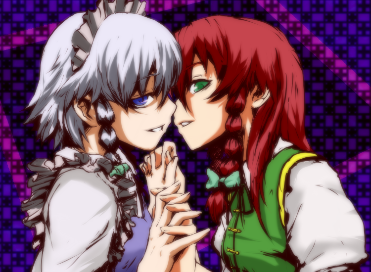 soubi, hong meiling, izayoi sakuya, embodiment of scarlet devil, touhou, silver hair, bad id, bad pixiv id, 2girls, blue eyes, braid, female focus, green eyes, hairband, long hair, maid, multiple girls, red hair, ribbon, short hair, smile, yuri