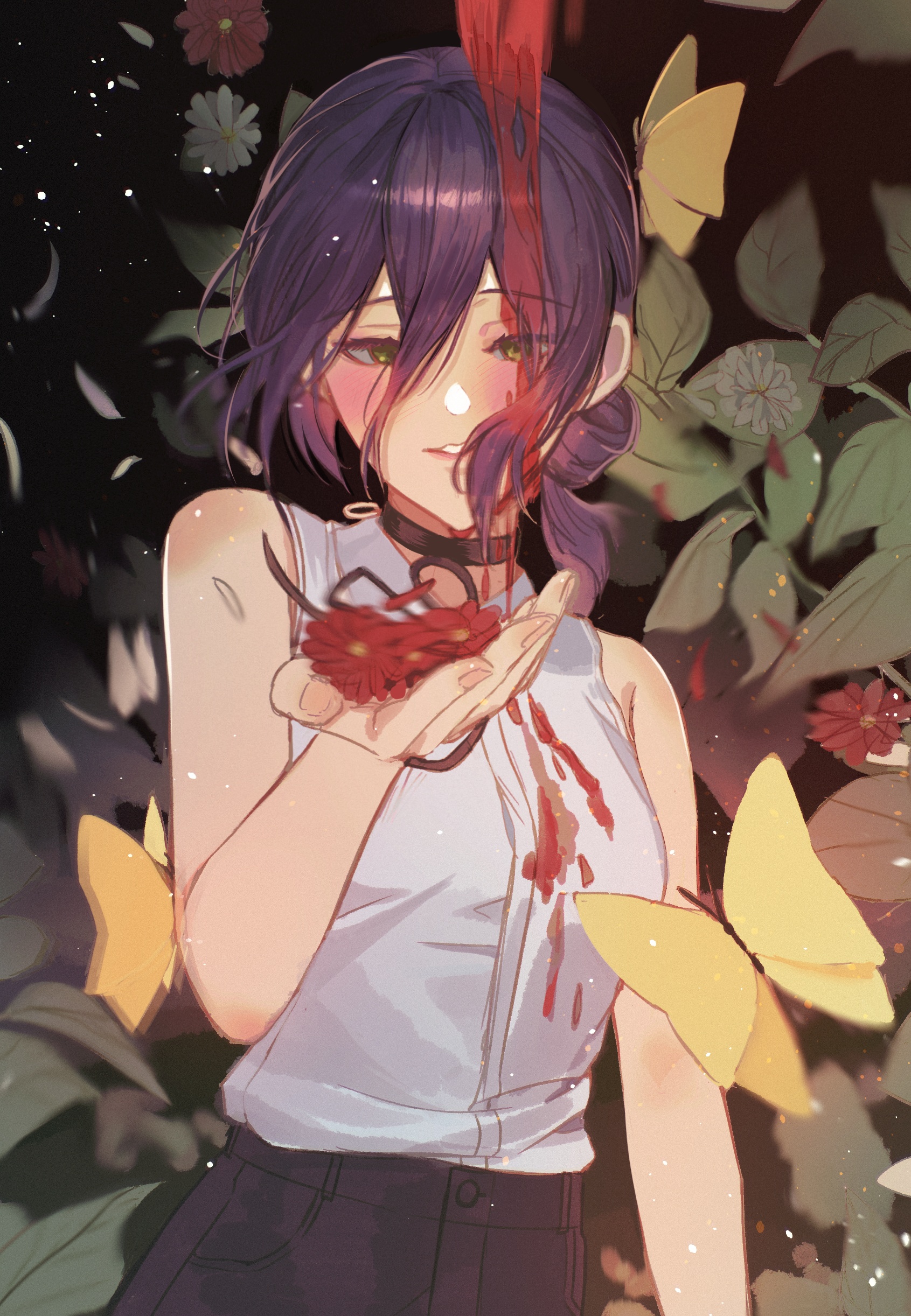 kkochmeli, reze (chainsaw man), chainsaw man, absurdres, highres, 1girl, black choker, black shorts, blood, blood on clothes, bug, butterfly, choker, collared shirt, flower, green eyes, grenade pin, hair between eyes, hair bun, insect, purple hair, red flower, shirt, shirt tucked in, shorts, sleeveless, sleeveless shirt, solo, white shirt, yellow butterfly
