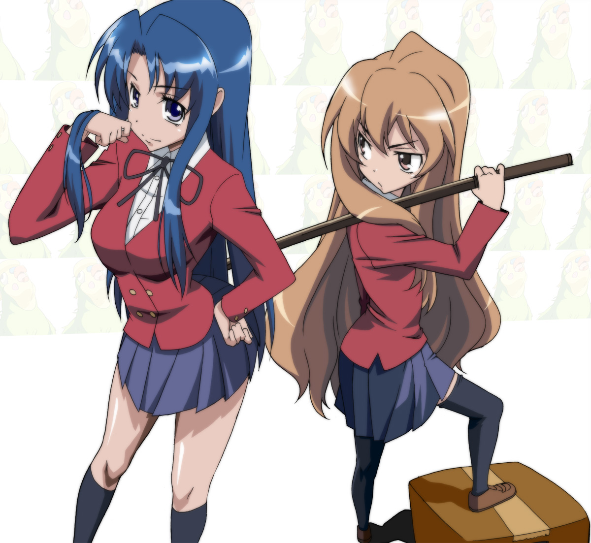 idoke kaeru, yuukami (wittsu), aisaka taiga, kawashima ami, toradora!, 00s, 2girls, blue hair, bokken, brown eyes, brown hair, long hair, multiple girls, purple eyes, school uniform, sword, thighhighs, weapon, wooden sword