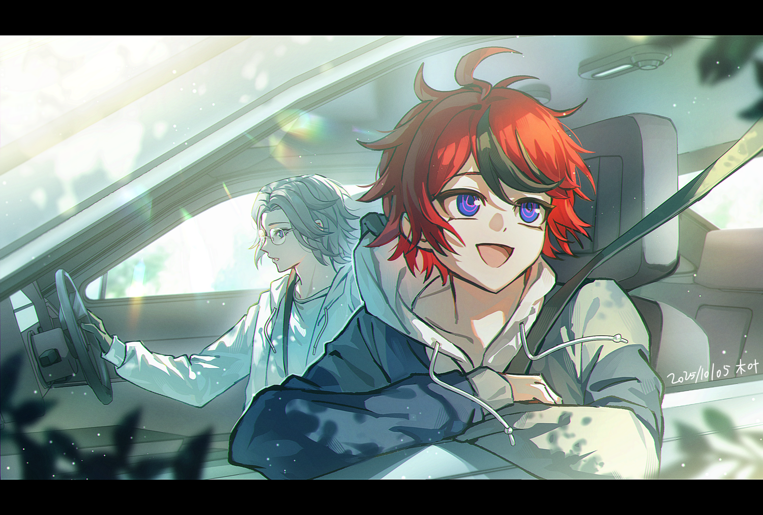 aotsuki eito, sumino takumi, the hundred line -last defense academy-, chinese commentary, commentary, 2boys, :d, ahoge, black gloves, black hoodie, black streaks, blue eyes, car, car seat, collarbone peek, dated, drawstring, driving, glasses, gloves, grey hair, grey jacket, hood, hoodie, jacket, jacket over hoodie, leaning out of window, looking ahead, male focus, motor vehicle, multicolored hair, multicolored jacket, multiple boys, open mouth, purple eyes, red hair, ringed eyes, seatbelt, sevenleaves7, shirt, short hair, sitting, smile, streaked hair, two-tone jacket, white hoodie, white jacket, white shirt, wind