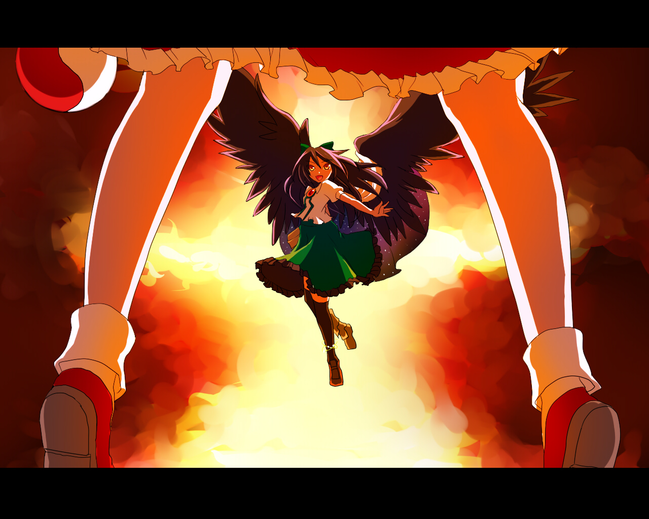 myaaco, hakurei reimu, reiuji utsuho, touhou, 2girls, black hair, brown eyes, brown hair, female focus, frills, hair between eyes, letterboxed, long hair, multiple girls, oversized wings, ribbon, thighhighs, wings, zettai ryouiki